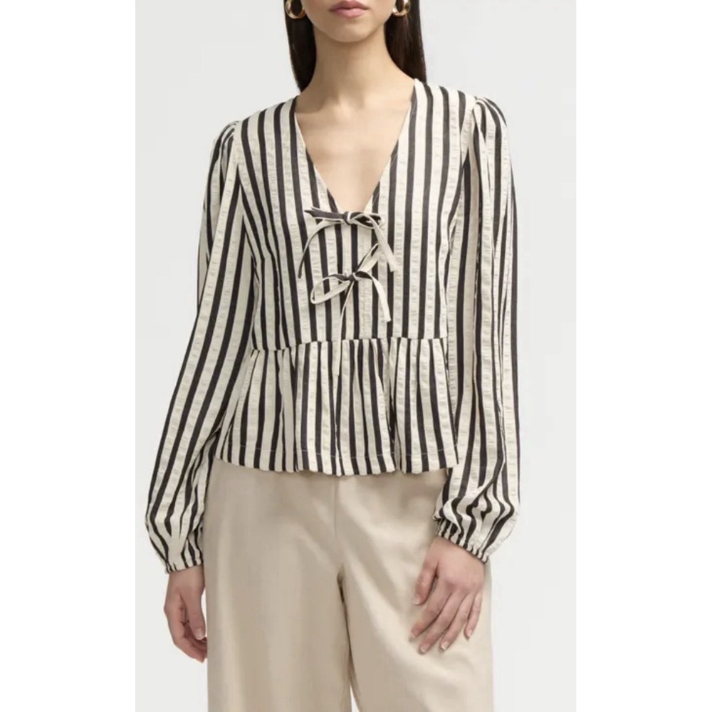 NVLT black and white striped tie-peplum top Size Medium Bows